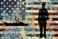 A stylized image featuring an American flag, a ship silhouette, and a standing figure Royalty Free Stock Photo