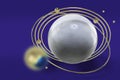 Stylized image of a model of the planet with golden rings and blue gems. Abstract image on a blue background. 3D rendering