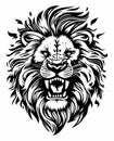 Roaring lion tattoo. Vector black and white illustration isolated on white. Stylized image of the muzzle of a lion Royalty Free Stock Photo