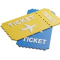 Two stylized tickets one yellow with an airplane and one blue stacked on a white background Royalty Free Stock Photo