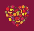 Stylized images of fruits in the shape of a heart. Vector illustration.