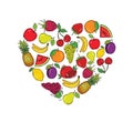 Stylized images of fruits in the shape of a heart. Vector illustration.