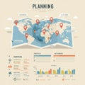 Stylized infographic featuring a world map with pinned locations Royalty Free Stock Photo