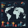 Stylized infographic featuring a world map and various data visualizations. Bar charts, Royalty Free Stock Photo