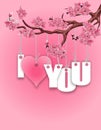 Stylized inscription I love you. A branch of cherry blossoms. Red heart on a pink