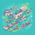 Stylized isometric illustration depicting a recycling process. Features a conveyor Royalty Free Stock Photo