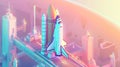 Stylized Isometric Rocket Launch Pad Scene with Retro Neon Color Palette Royalty Free Stock Photo