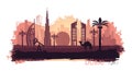 Stylized kyline of Dubai with camel and date palm with spots and splashes of paint. United Arab Emirates
