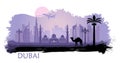 Stylized kyline of Dubai with camel and date palm with spots and splashes of paint. United Arab Emirates