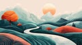 Stylized landscape illustration with hills, river, and sun Royalty Free Stock Photo