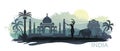 Stylized landscape of India with the Taj Mahal, an elephant and a dancer. Vector background