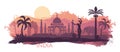 Stylized landscape of India with the Taj Mahal, an elephant and a dancer. Vector background