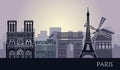 Stylized landscape of Paris with Eiffel tower, arc de Triomphe and Notre Dame Cathedral and other attractions Royalty Free Stock Photo