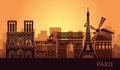 Stylized landscape of Paris with Eiffel tower, arc de Triomphe and Notre Dame Cathedral and other attractions Royalty Free Stock Photo