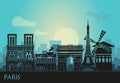 Stylized landscape of Paris with Eiffel tower, arc de Triomphe and Notre Dame Cathedral and other attractions Royalty Free Stock Photo