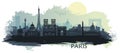 Stylized landscape of Paris with Eiffel tower, arc de Triomphe and Notre Dame Cathedral with spots and splashes of paint