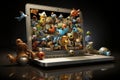 Stylized laptop display with three-dimensional shapes filled on the screen in digital concept design Royalty Free Stock Photo