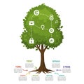 A stylized, leafy tree illustration features various white icons representing concepts Royalty Free Stock Photo