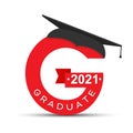 Stylized letter G with the inscription Graduate 2021 and the graduate cap. Simple stock design