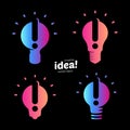 Stylized lightbulbs logo set, new idea and solution abstract symbol, flat bright cartoon incandescent light bulb