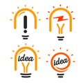 Stylized lightbulbs logo set, new idea and solution abstract symbol, flat bright cartoon incandescent light bulb