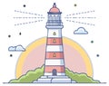 Stylized lighthouse emitting beams of light surrounded by clouds and stars with a pastel rainbow arc Royalty Free Stock Photo