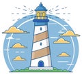 Stylized lighthouse emitting a bright beam of light with clouds against a circular blue sky background Royalty Free Stock Photo