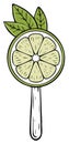 Stylized lime slice candy on a stick with fresh green leaves illustration isolated Royalty Free Stock Photo