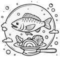 Stylized line art illustration of fish served with lemon wedges and a leaf on a platter, in a circular frame Royalty Free Stock Photo