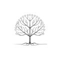 Stylized line drawing of tree with root system and circular fruit isolated on white background Royalty Free Stock Photo