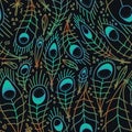 Stylized linear peacock feathers background. seamless pattern in bright colors. Flat Illustration for paper, fabric and textille