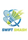 A stylized logo features two badminton rackets and a shuttlecock in a circular Royalty Free Stock Photo