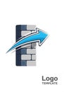 Stylized logo with a vertical brick wall and a dynamic blue arrow pointing right, evoking movement Royalty Free Stock Photo