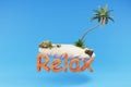 Stylized lonely small tropical island with palmtree hovering; holiday travel relax concept; 3D Illustration
