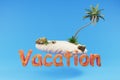 Stylized lonely small tropical island with palmtree hovering; holiday travel vacation concept; 3D Illustration