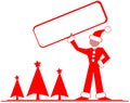 Stylized man with signboard and christmas trees