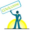 Stylized man with signboard with word welcome