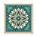 Stylized Mandala Flower In Ornamental Frame: Dark Teal And Light Beige