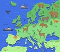 Stylized map of Europe with indigenous animals and nature symbols. Simple geographical map. Flat vector illustration Royalty Free Stock Photo