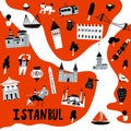 Stylized map of Istanbul. Vector illustration of istanbul attractions and symbols.
