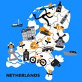 Stylized map of Netherlands with different Netherlands symbols.