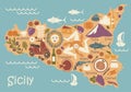 Stylized map of Sicily with traditional symbols Royalty Free Stock Photo