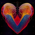 Stylized medical heart. Electrocardiogram drawn heart. Glowing heart with arteries stylization. AI-generated