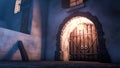 stylized medieval cartoon building gate at night Royalty Free Stock Photo