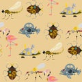 Stylized metal steampunk mechanic robots animals machine steam gear insect punk art machinery seamless pattern