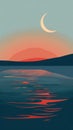 Stylized minimalist sunset over water with crescent moon Royalty Free Stock Photo