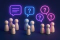 Neon speech bubbles and question marks surround people figures in a group Royalty Free Stock Photo