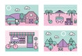 Stylized modern minimalistic vector city places illustrations. Farm, beach, bakery shop, camping.
