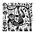 Stylized Monkey Illustration in Black and White with Jungle Elements Royalty Free Stock Photo