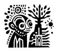 Stylized Monkey Illustration with Tree and Celestial Elements Royalty Free Stock Photo